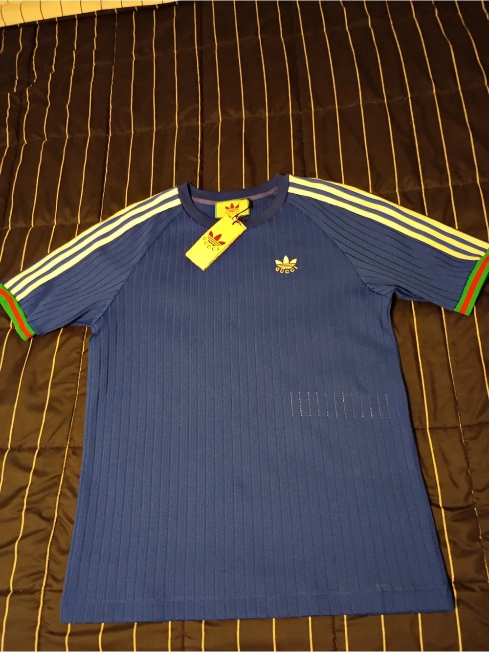 Gucci Blue Short-Sleeve Ribbed Tee with Green & Red Trim